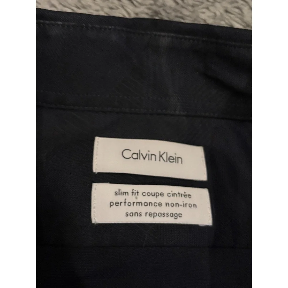 Calvin Klein Shirt Mens 15.5 32 Slim-Fit Performance Non-Iron Navy Blue Pattern